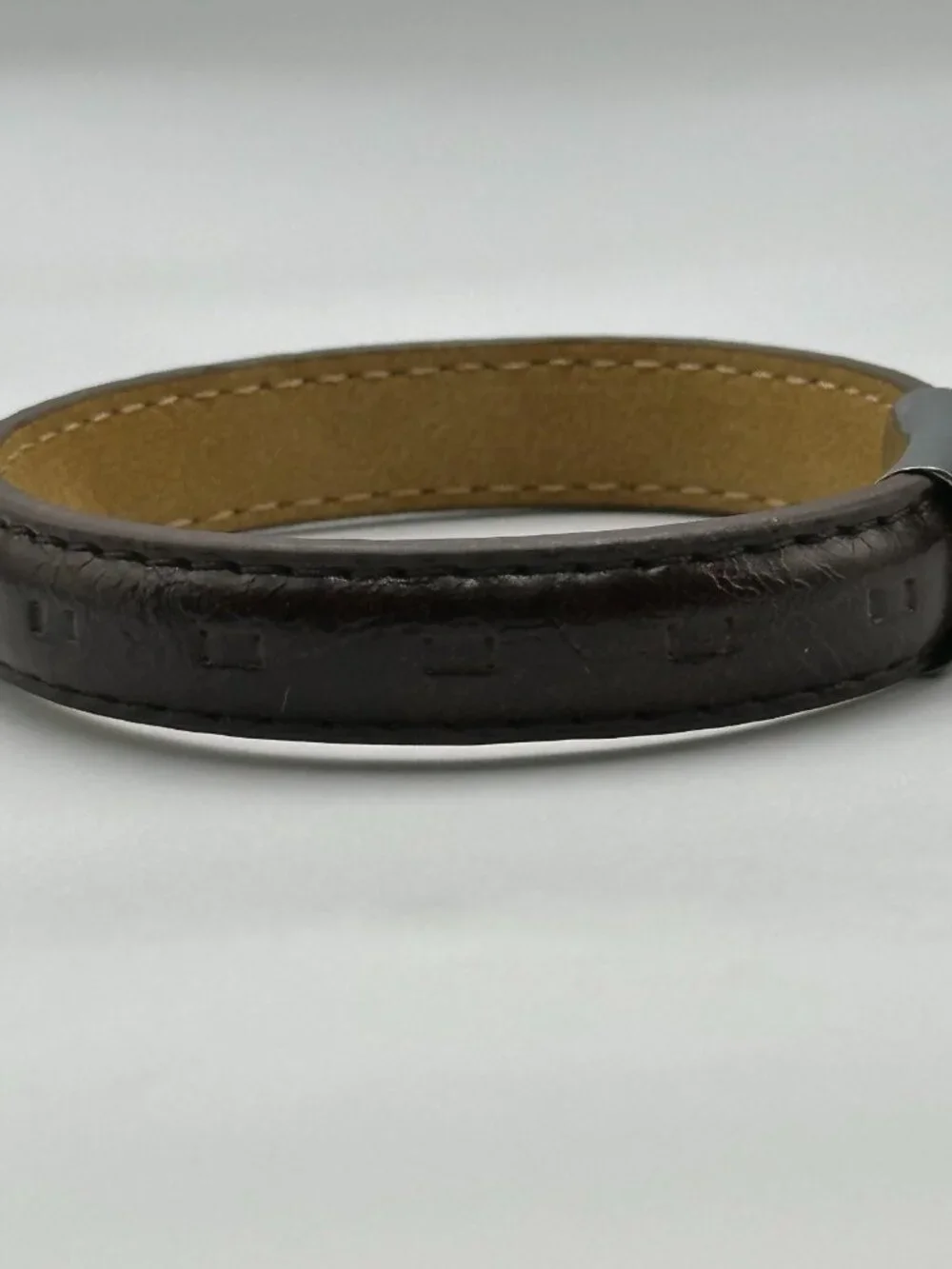 3/$30 Men Brown Leather Bracelet Stitched Stainless Steel Snap Clasp 8.25